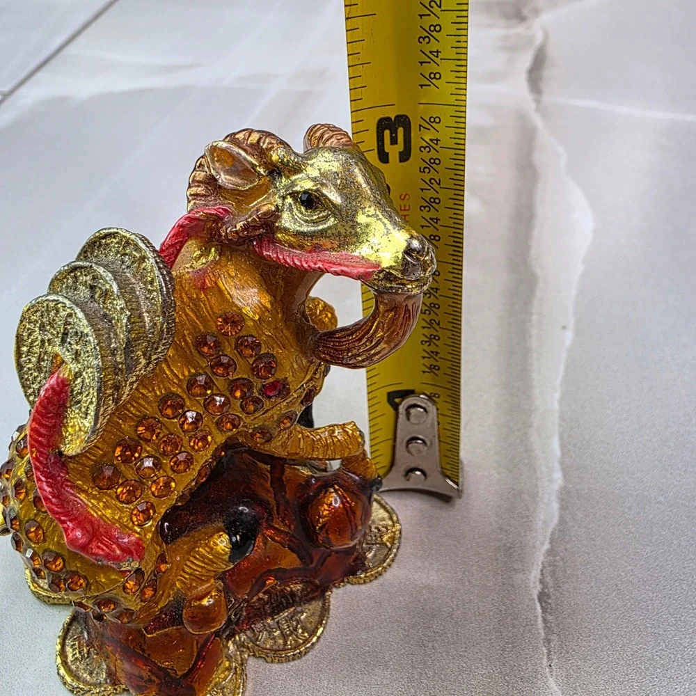 Chinese‎ Zodiac Ram Goat Trinket Box Enamel Crystal Prosperity Figurine 3.25